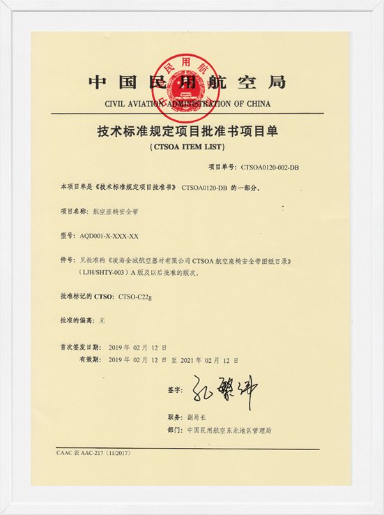 凌海AG尊龙凯时CTSOA项目单-航空座椅清静带